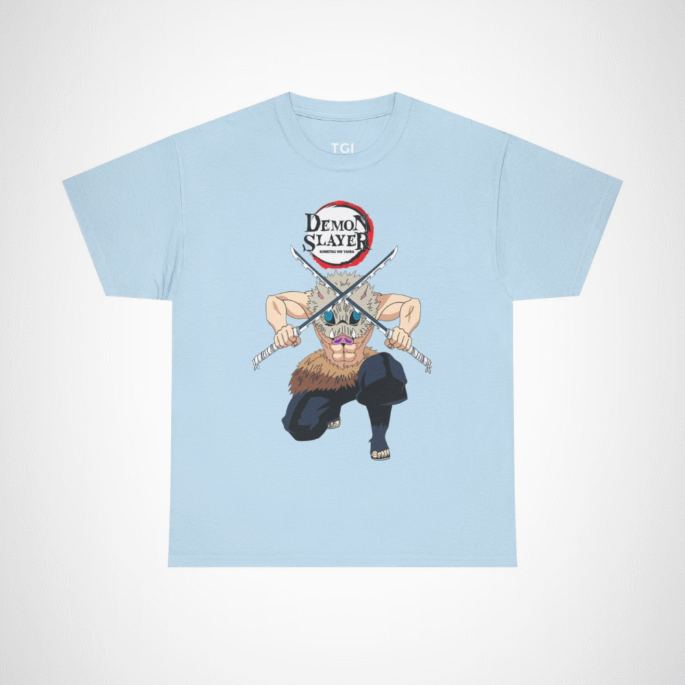 Demon Slayer T-Shirt with fierce warrior design and dual swords Light Blue colour