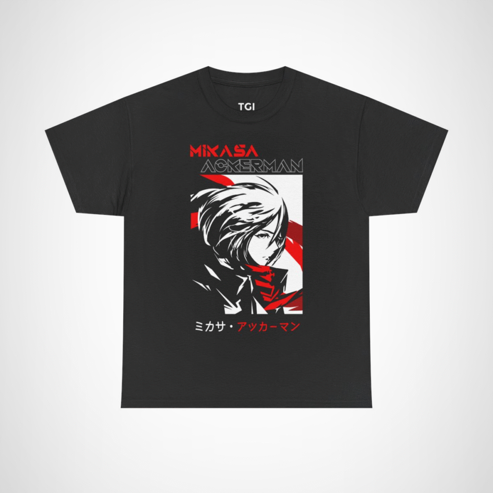 Mikasa Ackerman T-Shirt featuring vibrant artwork from Attack on Titan Black colour
