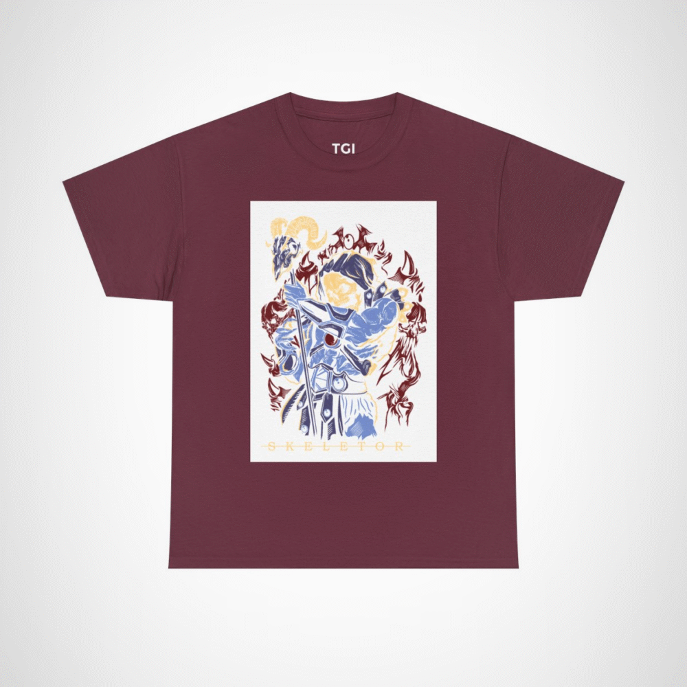 SKELETOR graphic t-shirt showcasing an intense villain design Maroon colour