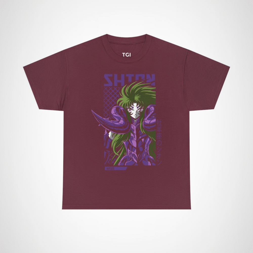 Aries Shion Mythical Warrior T-Shirt featuring stunning anime art Maroon colour