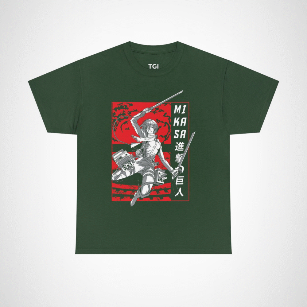 Mikasa Ackerman Attack on Titan T-Shirt design with vibrant graphics Forest Green colour