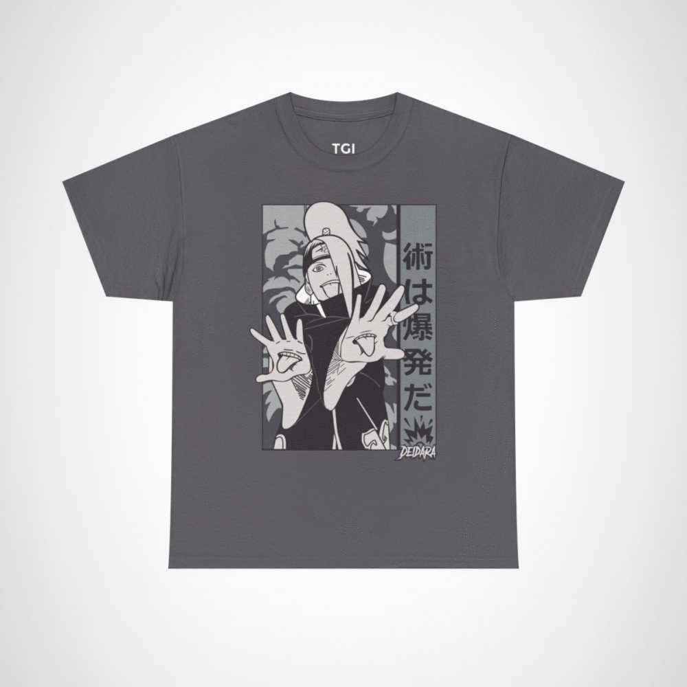 Deidara Expressionist Tee showcasing vibrant anime art and character pose Charcoal colour