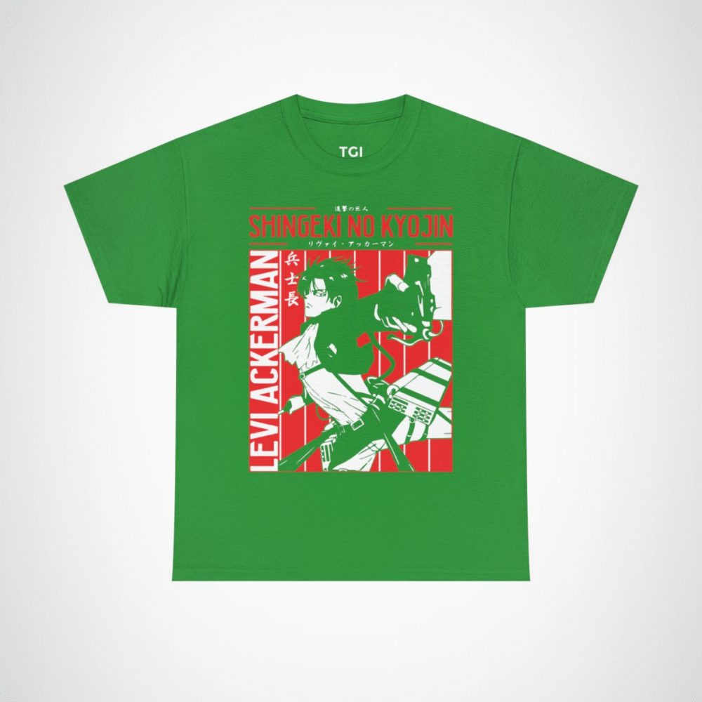 Levi Ackerman graphic t-shirt from Attack on Titan, perfect for anime fans Irish Green colour