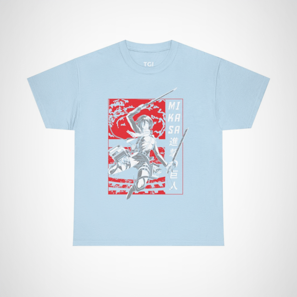 Mikasa Ackerman Attack on Titan T-Shirt design with vibrant graphics Light Blue colour