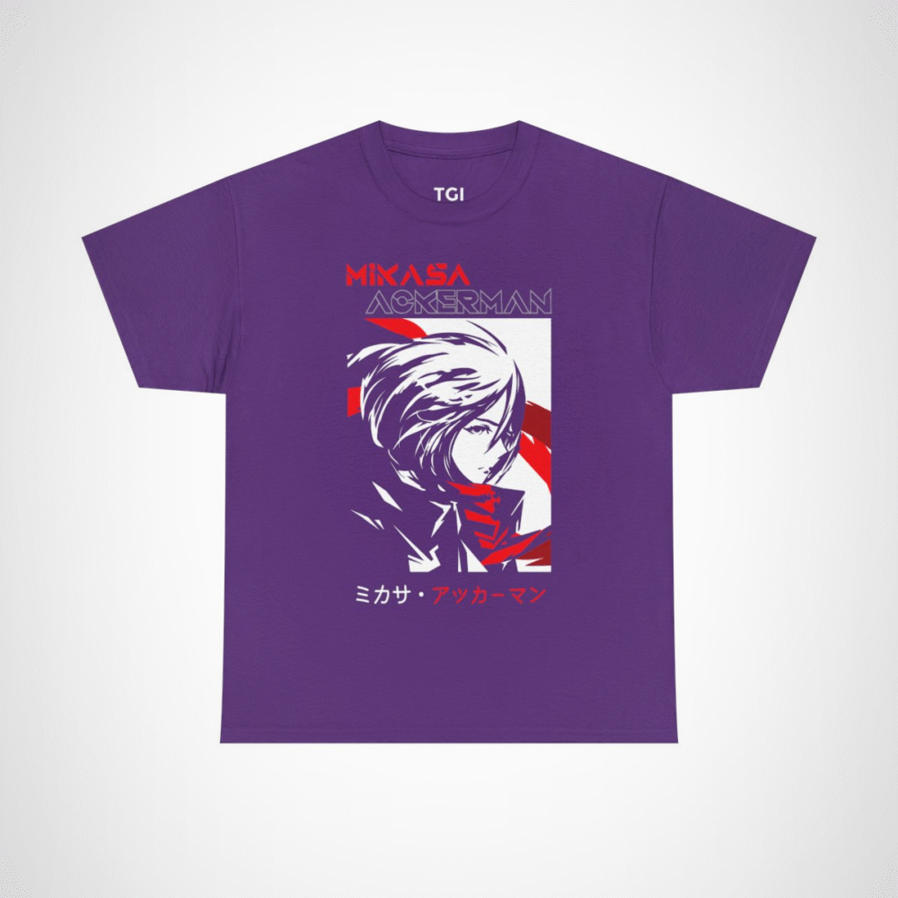 Mikasa Ackerman T-Shirt featuring vibrant artwork from Attack on Titan Purple colour