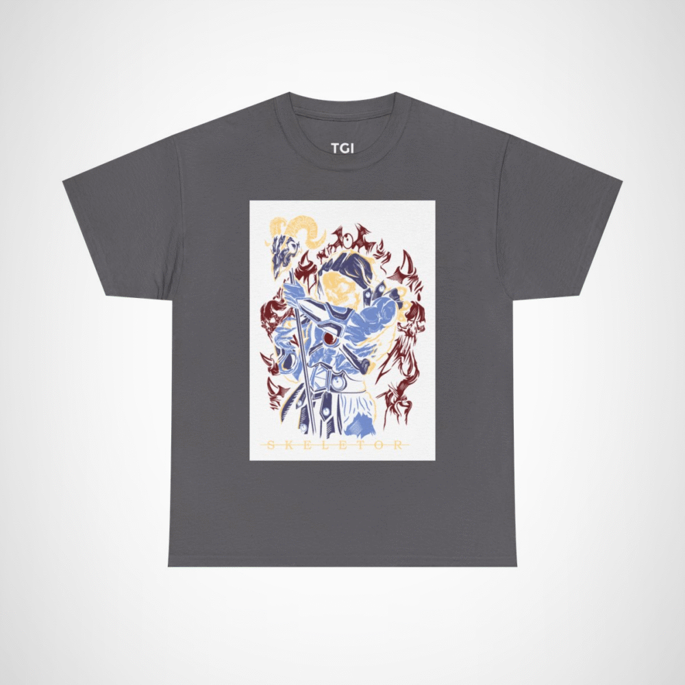SKELETOR graphic t-shirt showcasing an intense villain design Charcoal colour