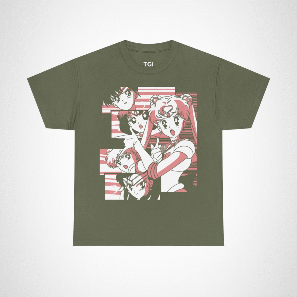 Sailor Moon & Friends Retro Graphic Tee featuring beloved characters in a nostalgic design Military Green colour