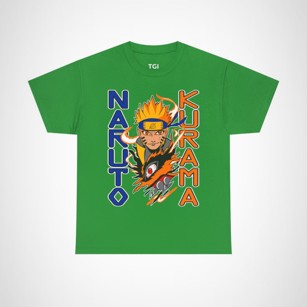 Epic Naruto Kurama graphic tee featuring Naruto Uzumaki and Kurama Irish Green colour