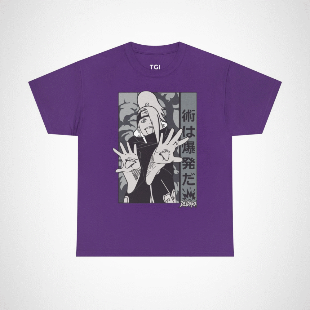 Deidara Expressionist Tee showcasing vibrant anime art and character pose Purple colour