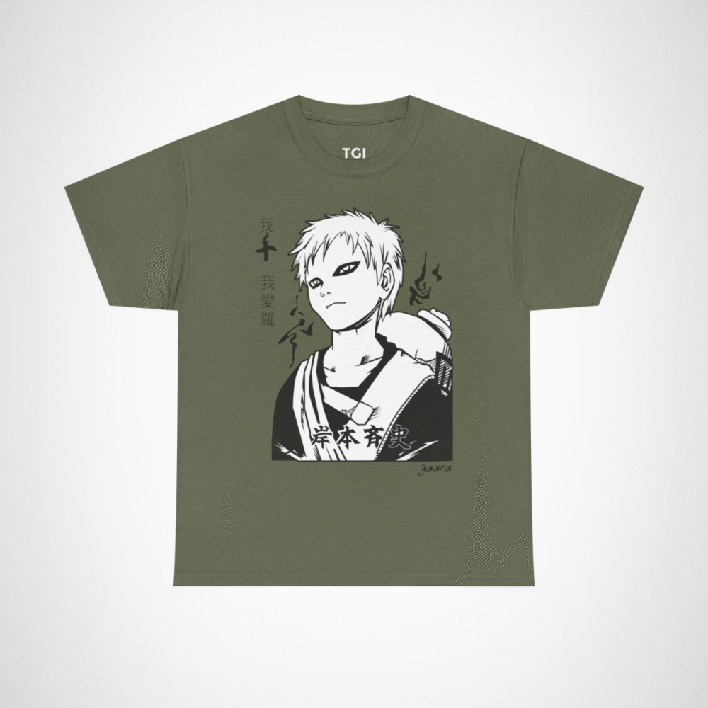 Monochrome manga character line art t-shirt for manga fans Military Green colour