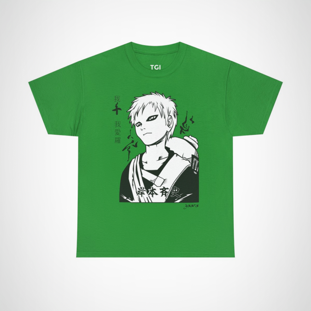 Monochrome manga character line art t-shirt for manga fans Irish Green colour