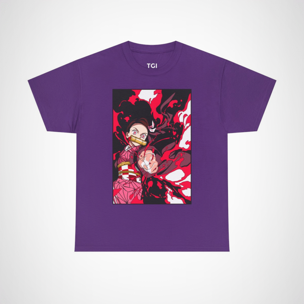 Fierce anime character graphic t-shirt for anime enthusiasts Purple colour
