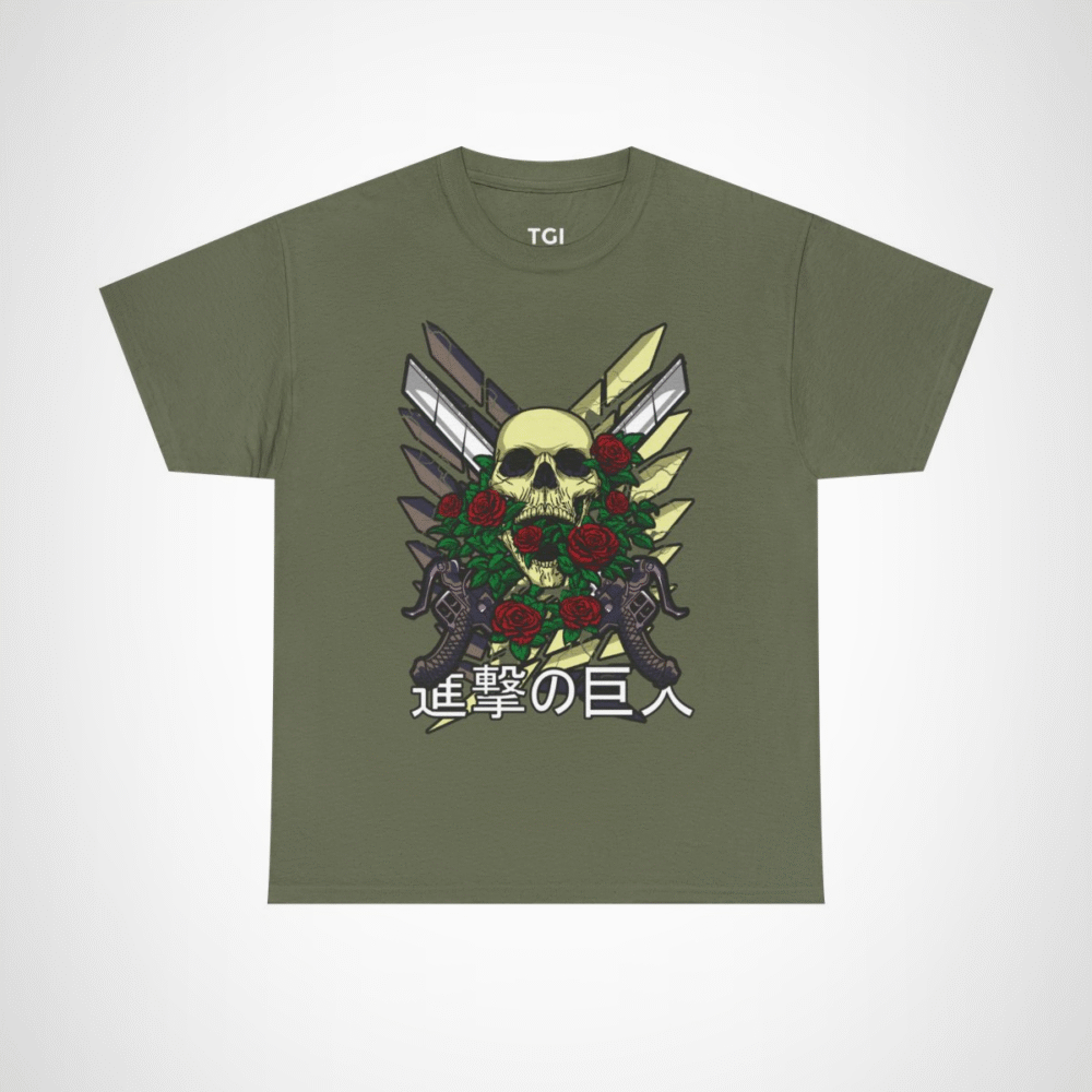 Skull and Roses Graphic T-Shirt with vibrant design Military Green colour