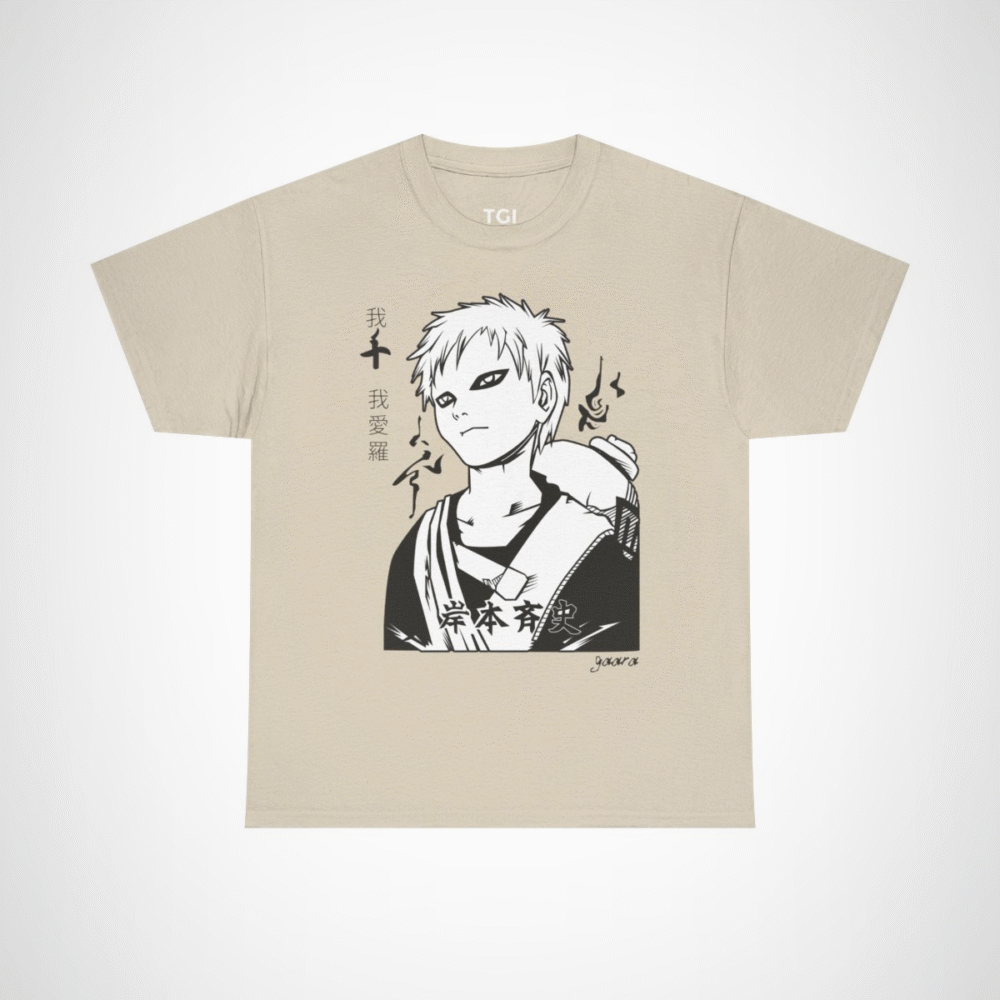 Monochrome manga character line art t-shirt for manga fans Sand colour