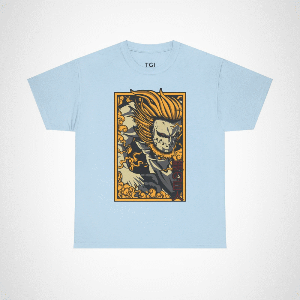 Fearless Giant Graphic Tee showcasing a giant with flames design Light Blue colour