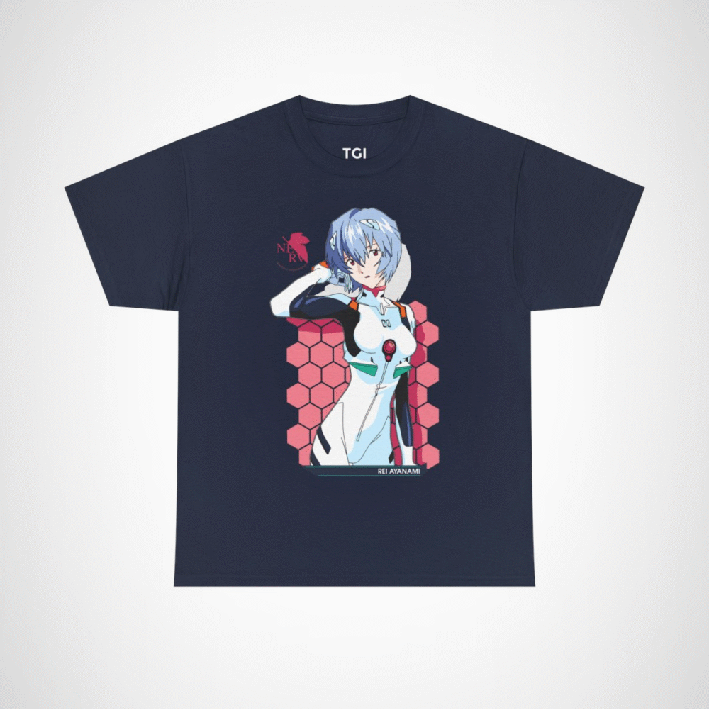 Rei Ayanami Neon Genesis Evangelion T-Shirt design featuring vibrant artwork Navy colour