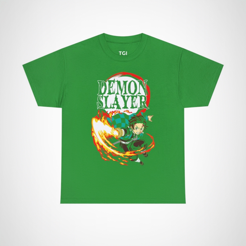 Demon Slayer Fiery Hero T-Shirt with dynamic anime character design Irish Green colour