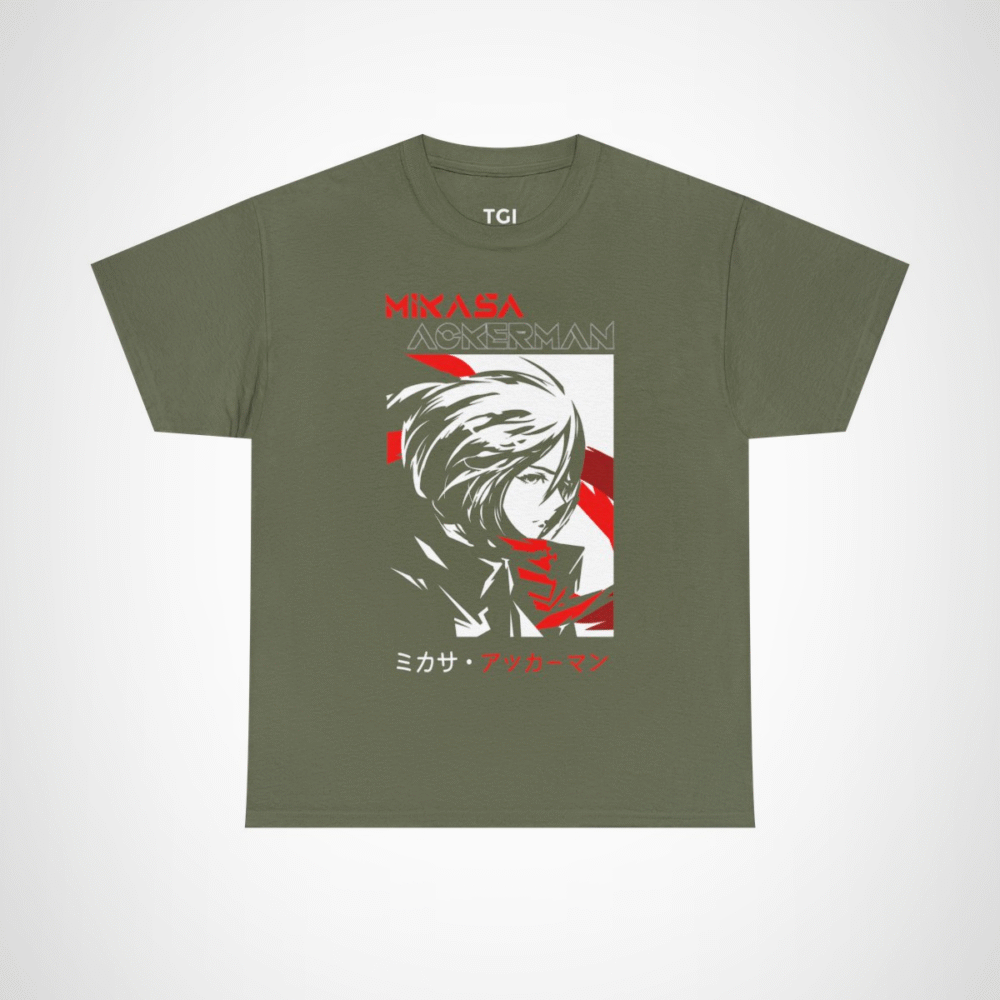 Mikasa Ackerman T-Shirt featuring vibrant artwork from Attack on Titan Military Green colour