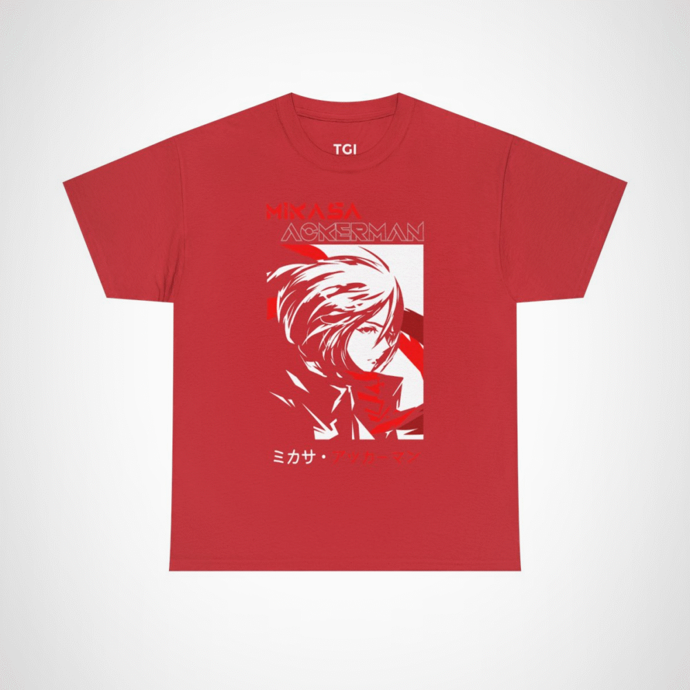 Mikasa Ackerman T-Shirt featuring vibrant artwork from Attack on Titan Red colour