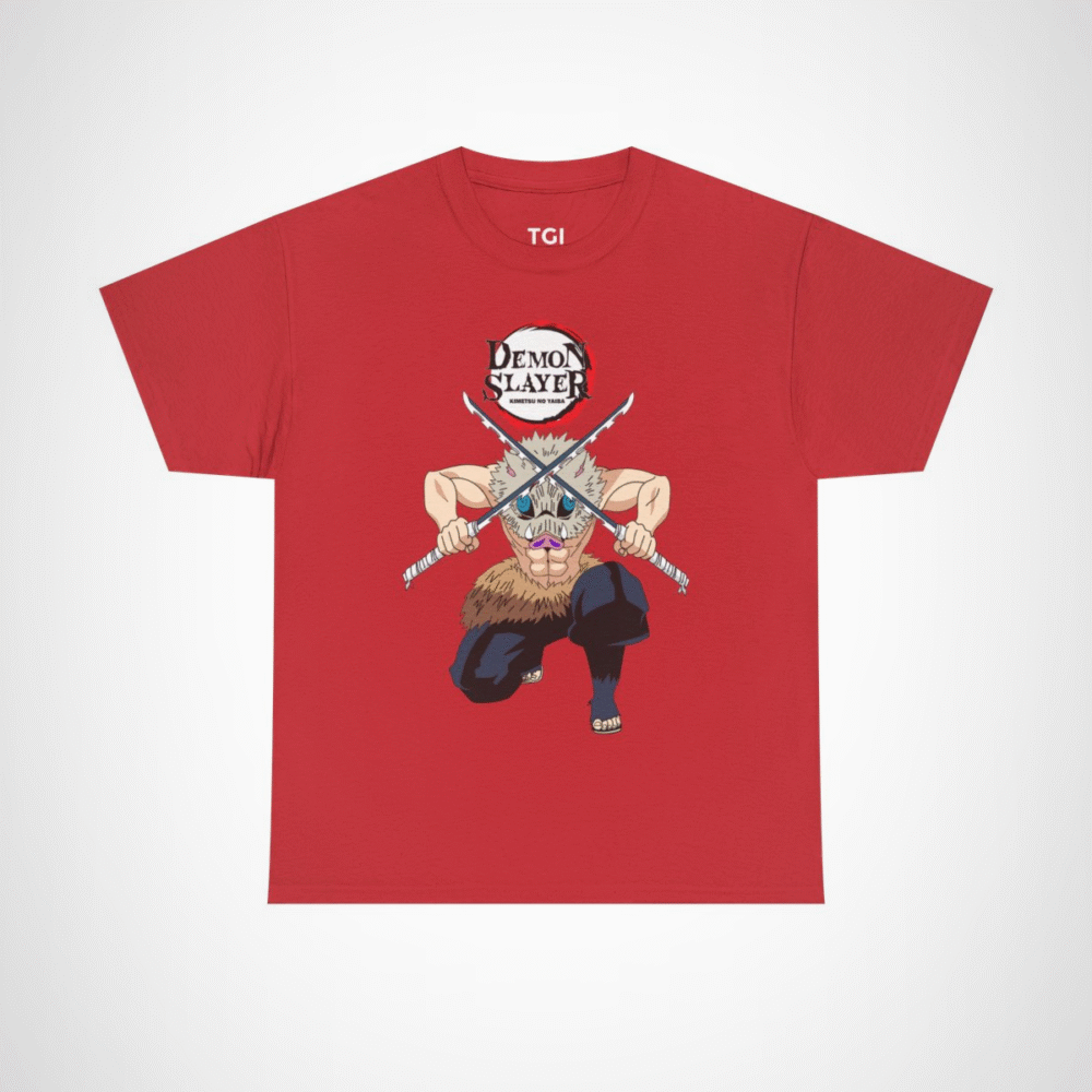 Demon Slayer T-Shirt with fierce warrior design and dual swords Red colour