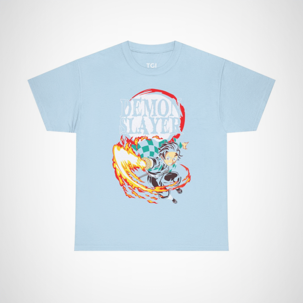 Demon Slayer Fiery Hero T-Shirt with dynamic anime character design Light Blue colour