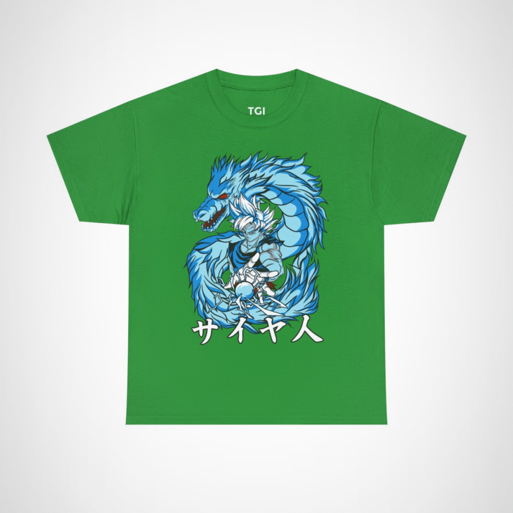 Epic Saiyan Dragon Power Graphic Tee for anime enthusiasts Irish Green colour