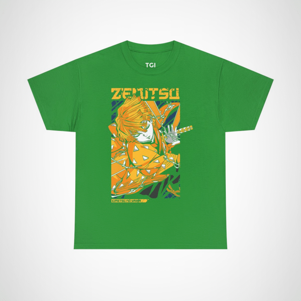 Vibrant Zenitsu Agatsuma T-Shirt featuring dynamic anime artwork Irish Green colour