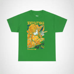 Vibrant Zenitsu Agatsuma T-Shirt featuring dynamic anime artwork Irish Green colour