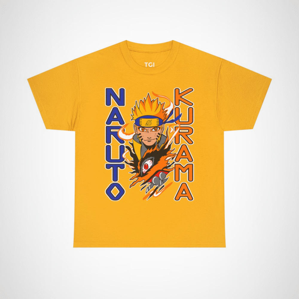 Epic Naruto Kurama graphic tee featuring Naruto Uzumaki and Kurama Gold colour