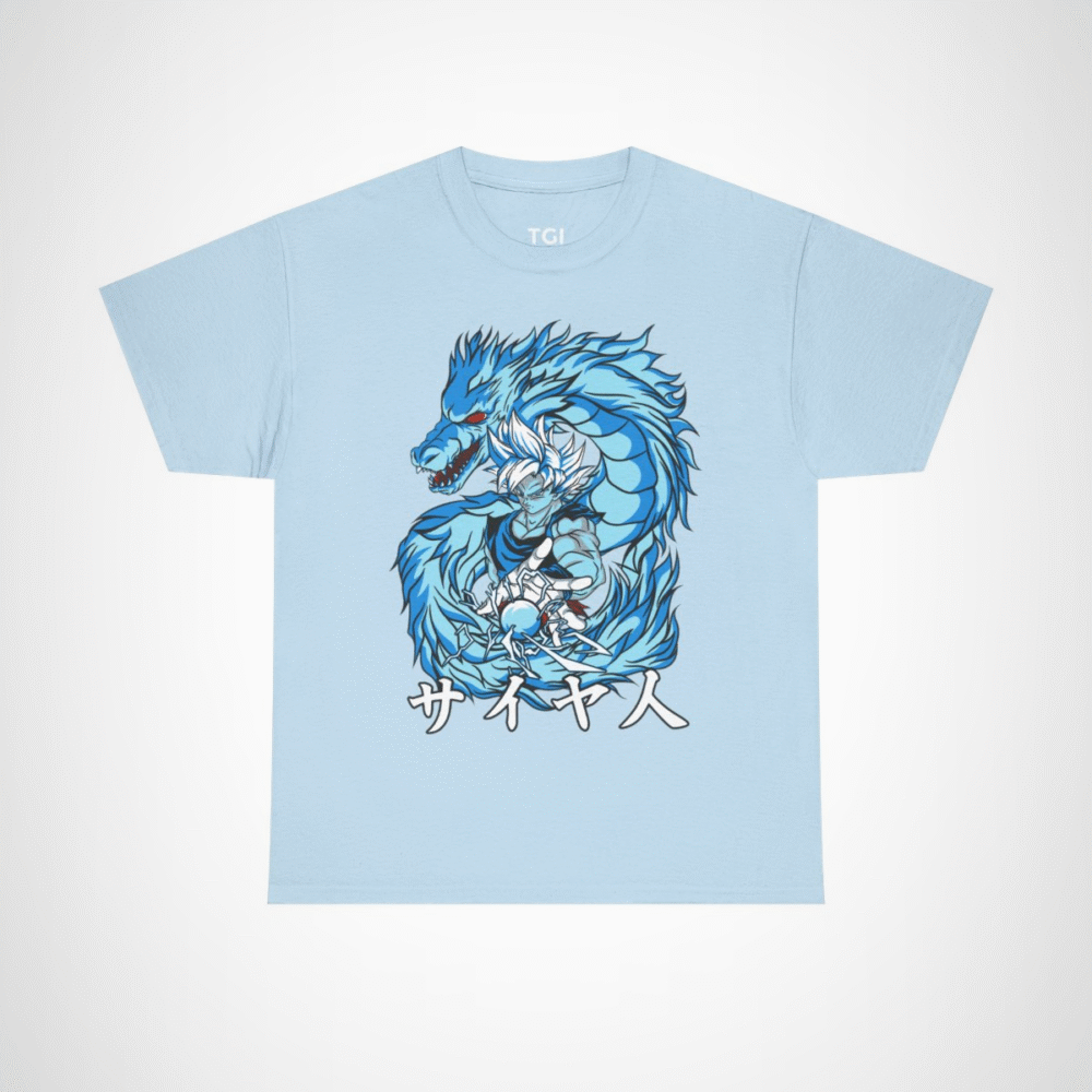 Epic Saiyan Dragon Power Graphic Tee for anime enthusiasts Light Blue colour