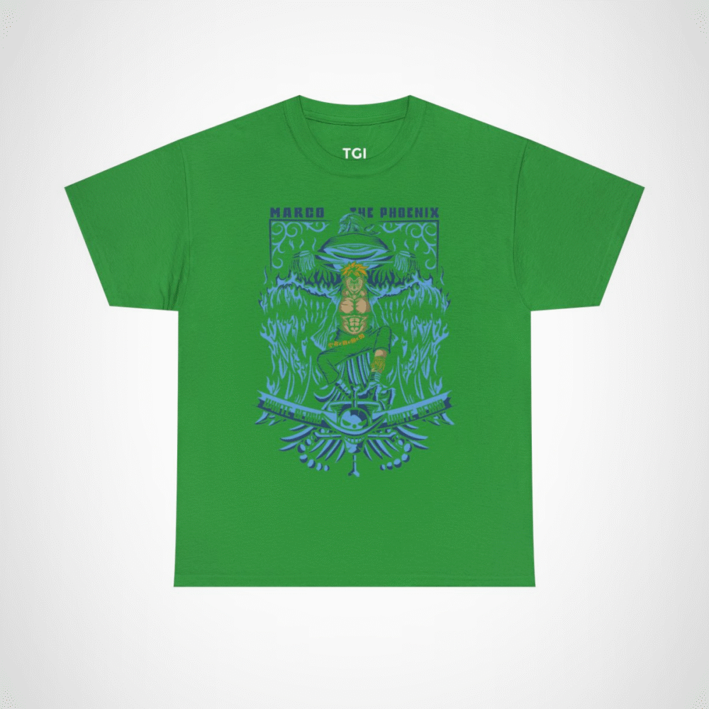 Maroo the Phoenix inspired t-shirt featuring bold anime design Irish Green colour