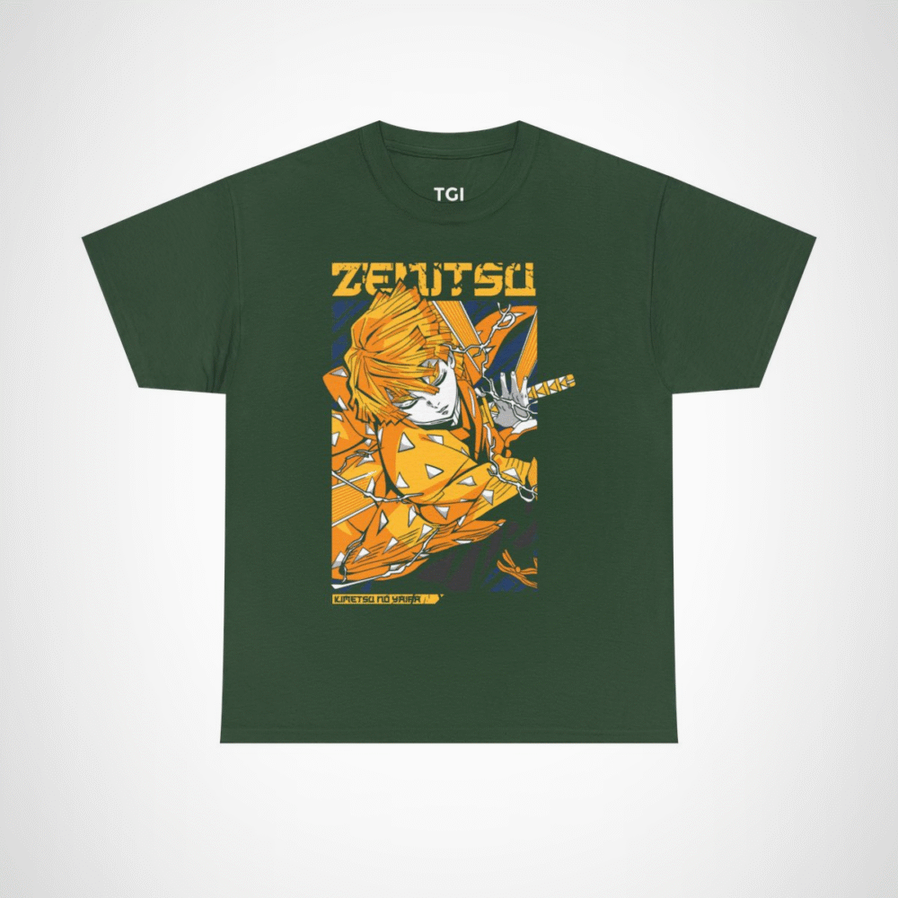 Vibrant Zenitsu Agatsuma T-Shirt featuring dynamic anime artwork Forest Green colour