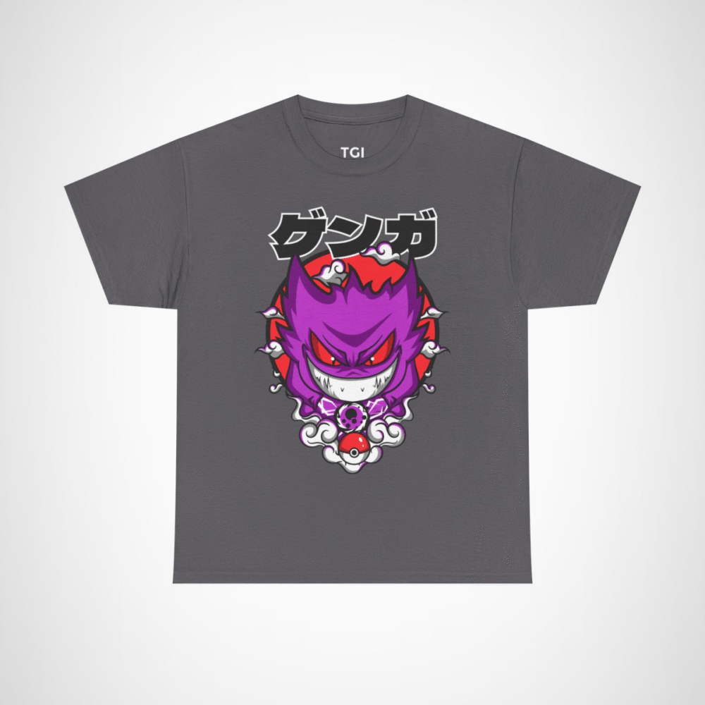 Gengar Ghostly Adventures T-Shirt featuring vibrant design and swirling clouds Charcoal colour