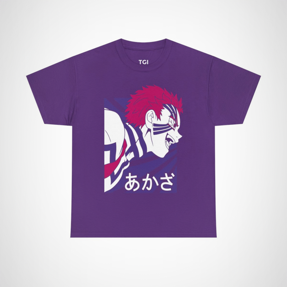 Fierce Akaza Anime Tee showcasing vibrant design and character illustration Purple colour