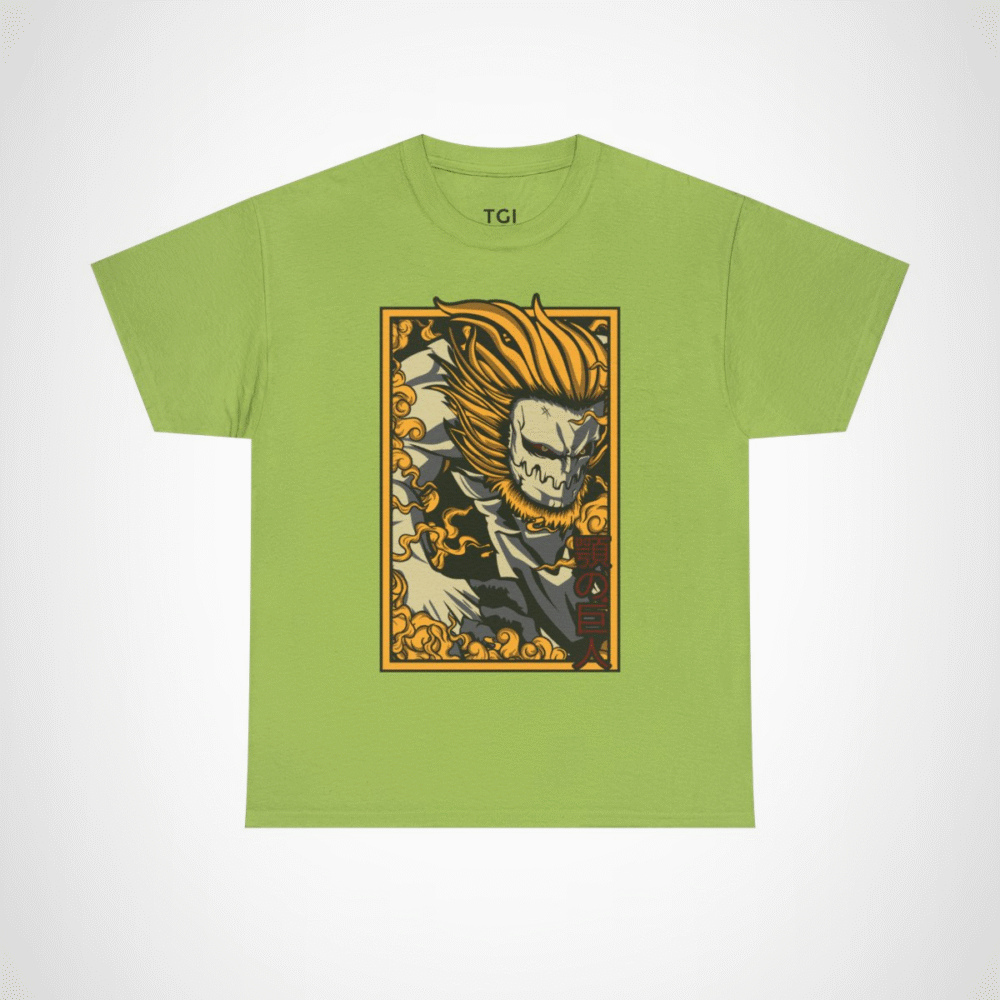 Fearless Giant Graphic Tee showcasing a giant with flames design Kiwi colour