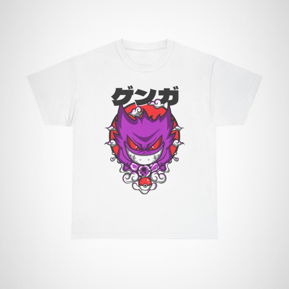 Gengar Ghostly Adventures T-Shirt featuring vibrant design and swirling clouds White colour