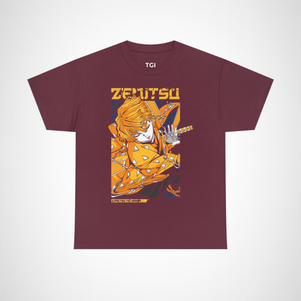 Vibrant Zenitsu Agatsuma T-Shirt featuring dynamic anime artwork Maroon colour