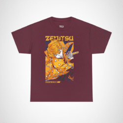 Vibrant Zenitsu Agatsuma T-Shirt featuring dynamic anime artwork Maroon colour