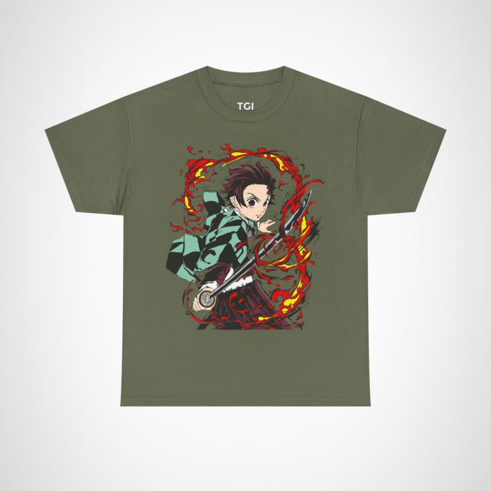 Fierce Samurai Warrior T-Shirt showcasing dynamic anime inspired design Military Green colour