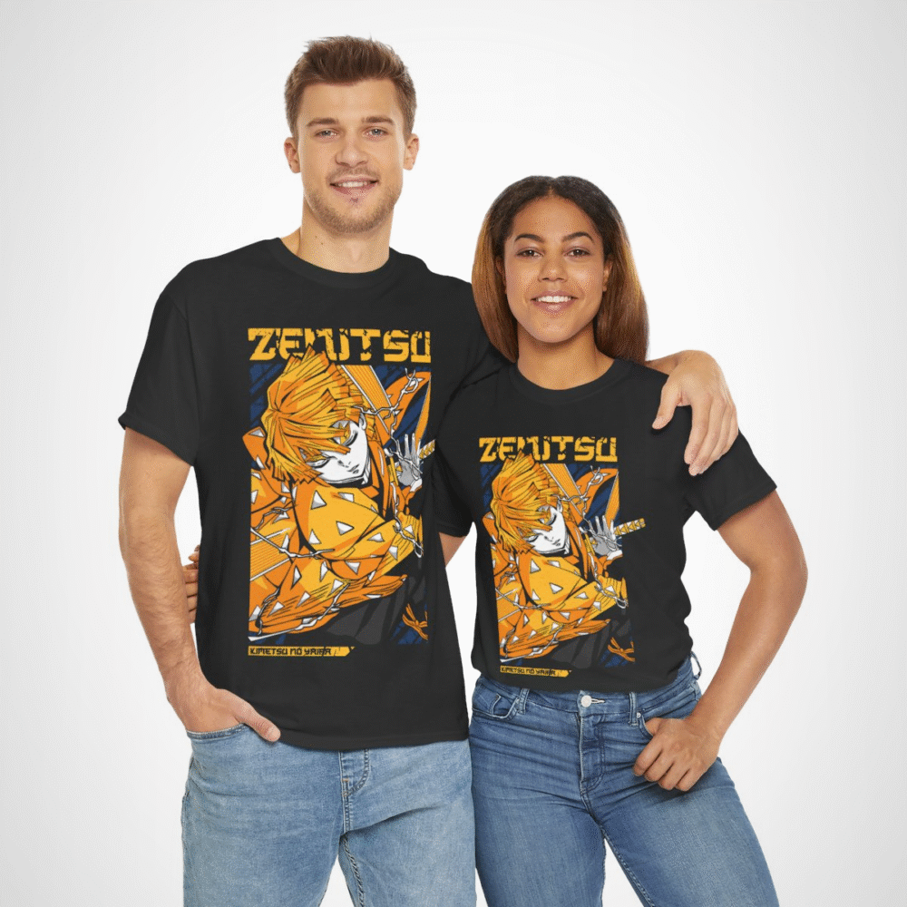 Vibrant Zenitsu Agatsuma T-Shirt featuring dynamic anime artwork
