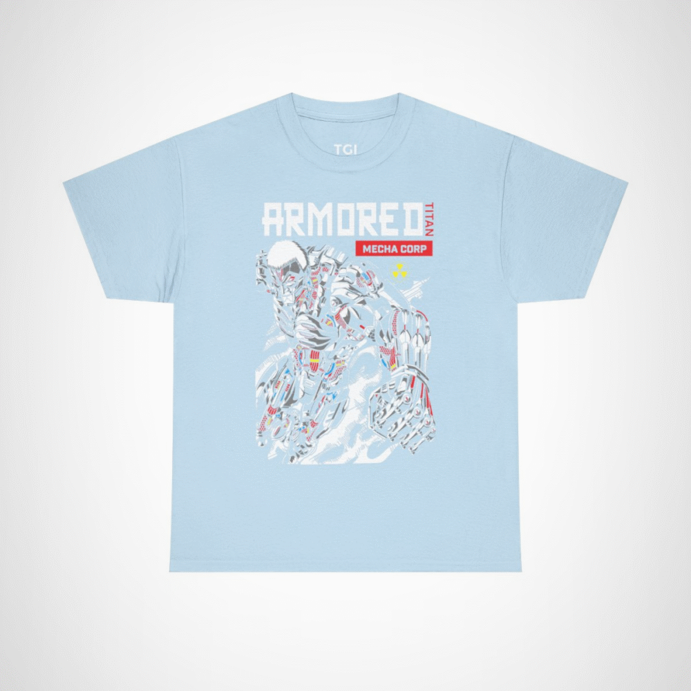 Armored Titan Mecha Graphic Tee displayed in a stylish manner Light Blue colour