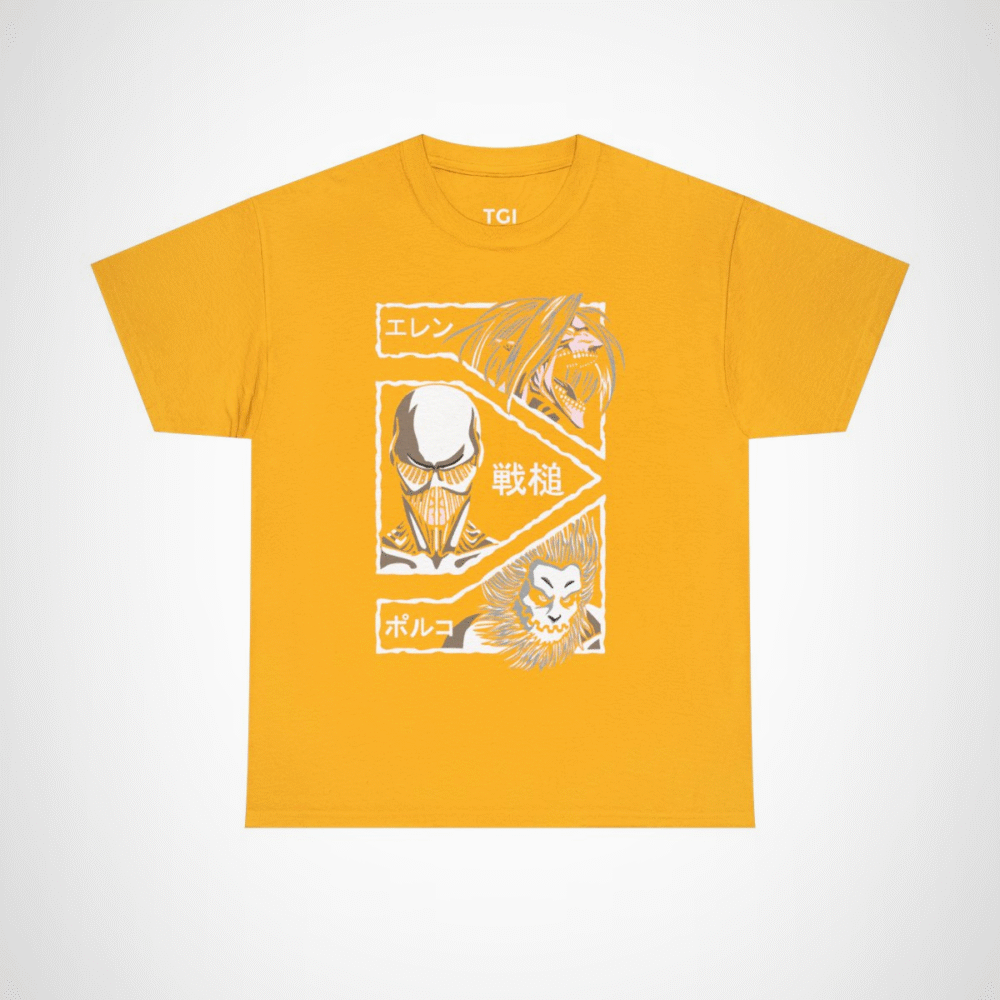 Attack on Titan inspired graphic t-shirt featuring epic designs Gold colour