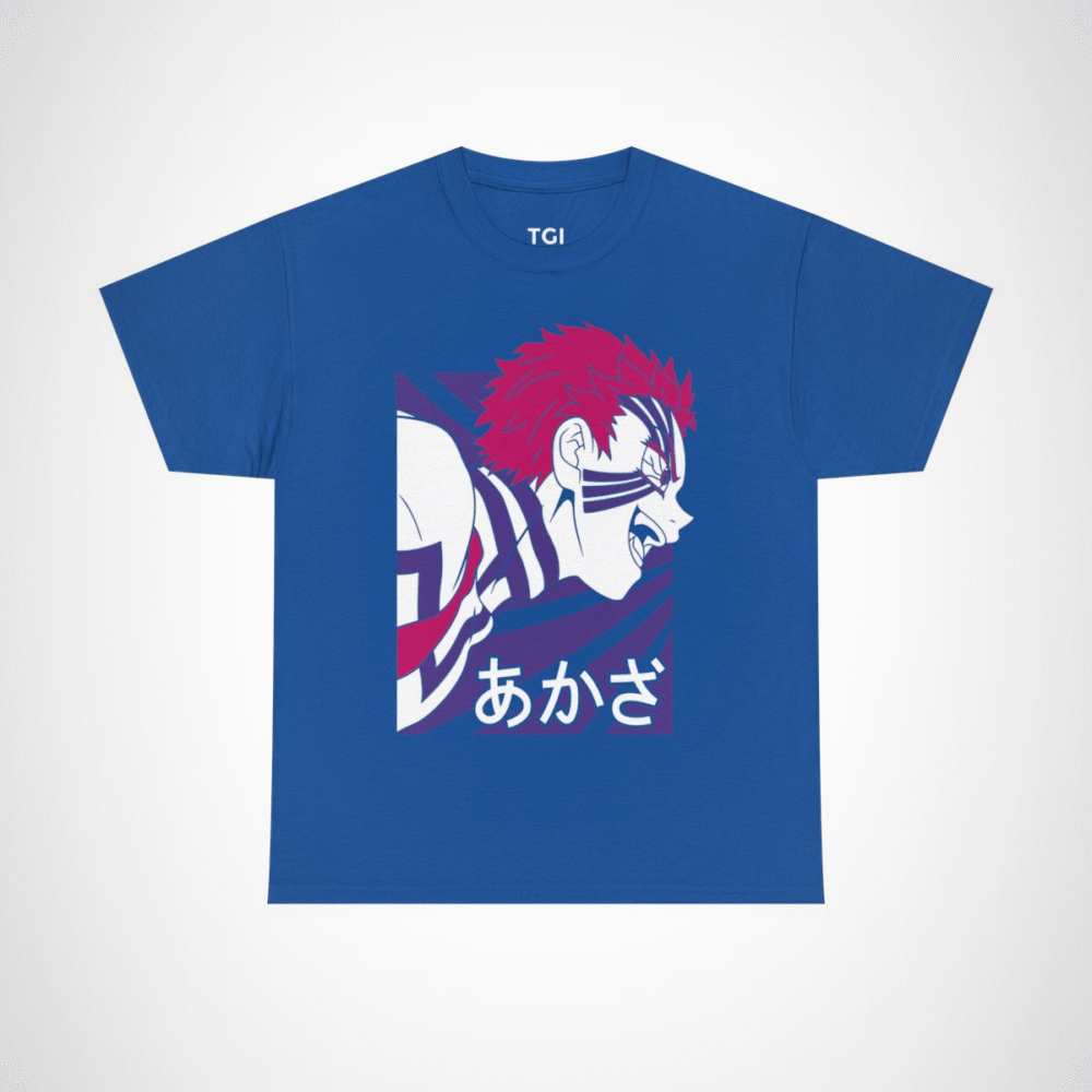Fierce Akaza Anime Tee showcasing vibrant design and character illustration Royal colour