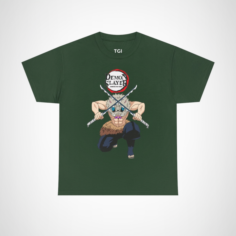 Demon Slayer T-Shirt with fierce warrior design and dual swords Forest Green colour