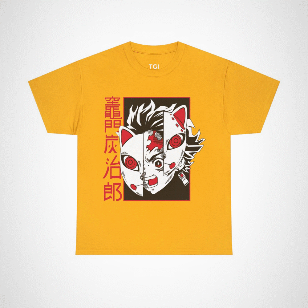 Bold Oni Mask Tee featuring intricate Oni design Gold colour