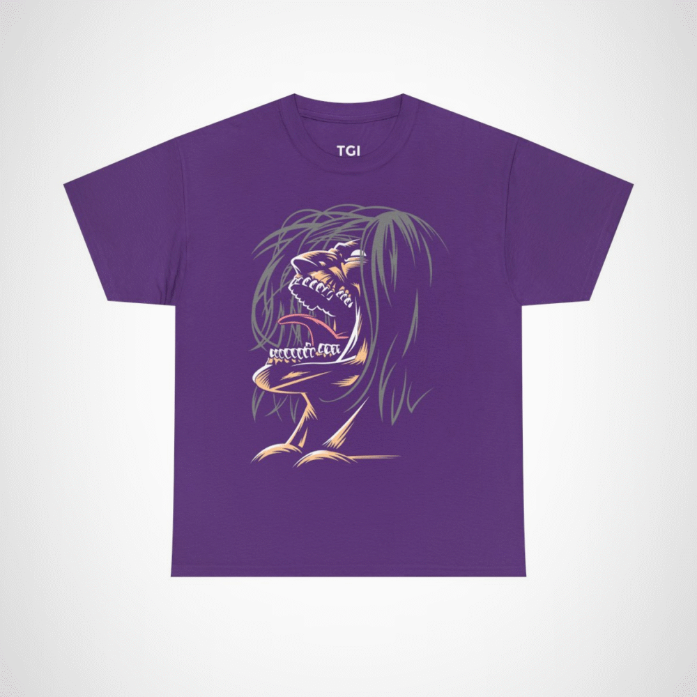 Fierce Grinning Creature T-Shirt with unique graphic design Purple colour