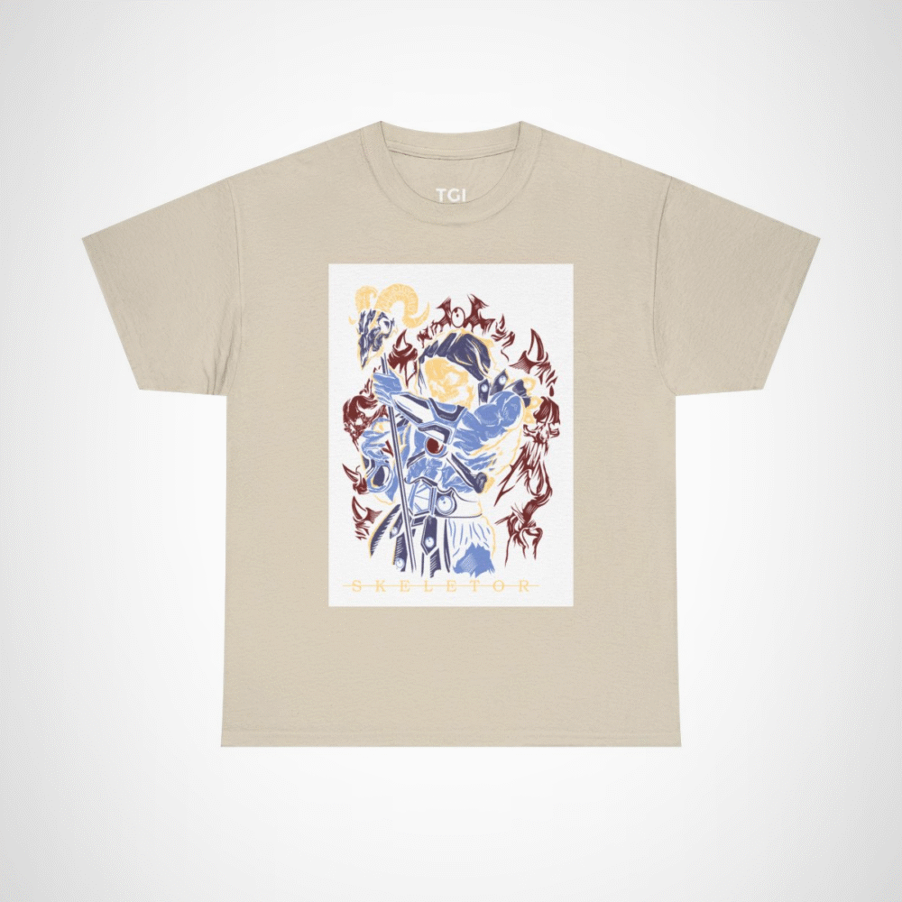 SKELETOR graphic t-shirt showcasing an intense villain design Sand colour