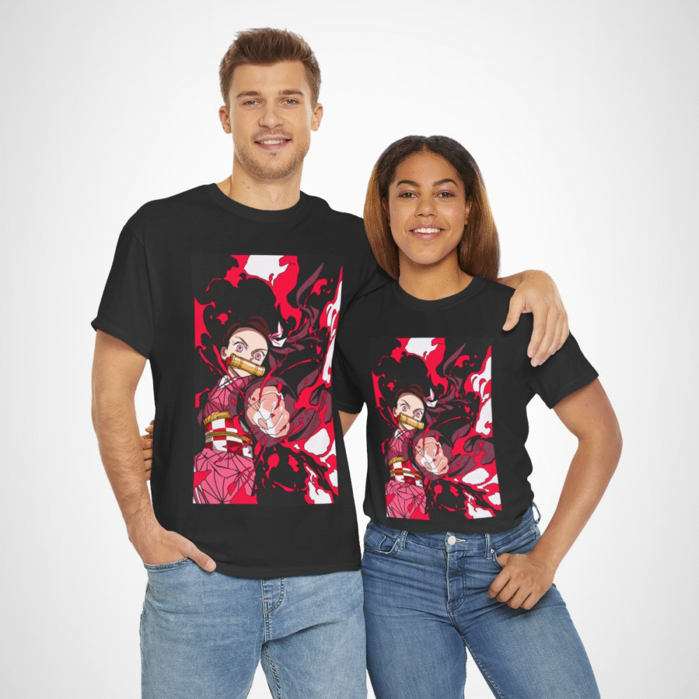 Fierce anime character graphic t-shirt for anime enthusiasts
