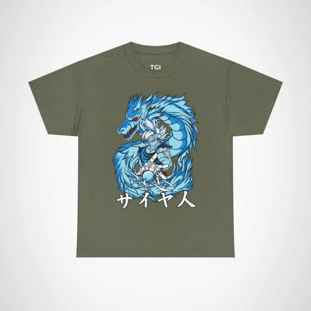Epic Saiyan Dragon Power Graphic Tee for anime enthusiasts Military Green colour