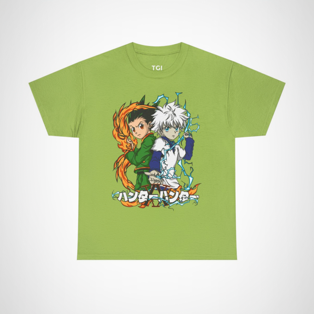 Stylish t-shirt featuring Gon and Killua from Hunter x Hunter, perfect for anime fans. Kiwi colour